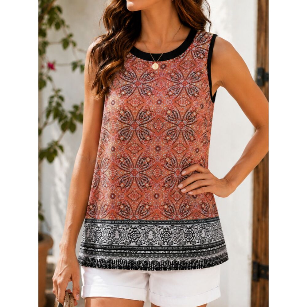 AB Studio Sleeveless Paisley Border Print Tunic Top Small Boho Stretch Casual